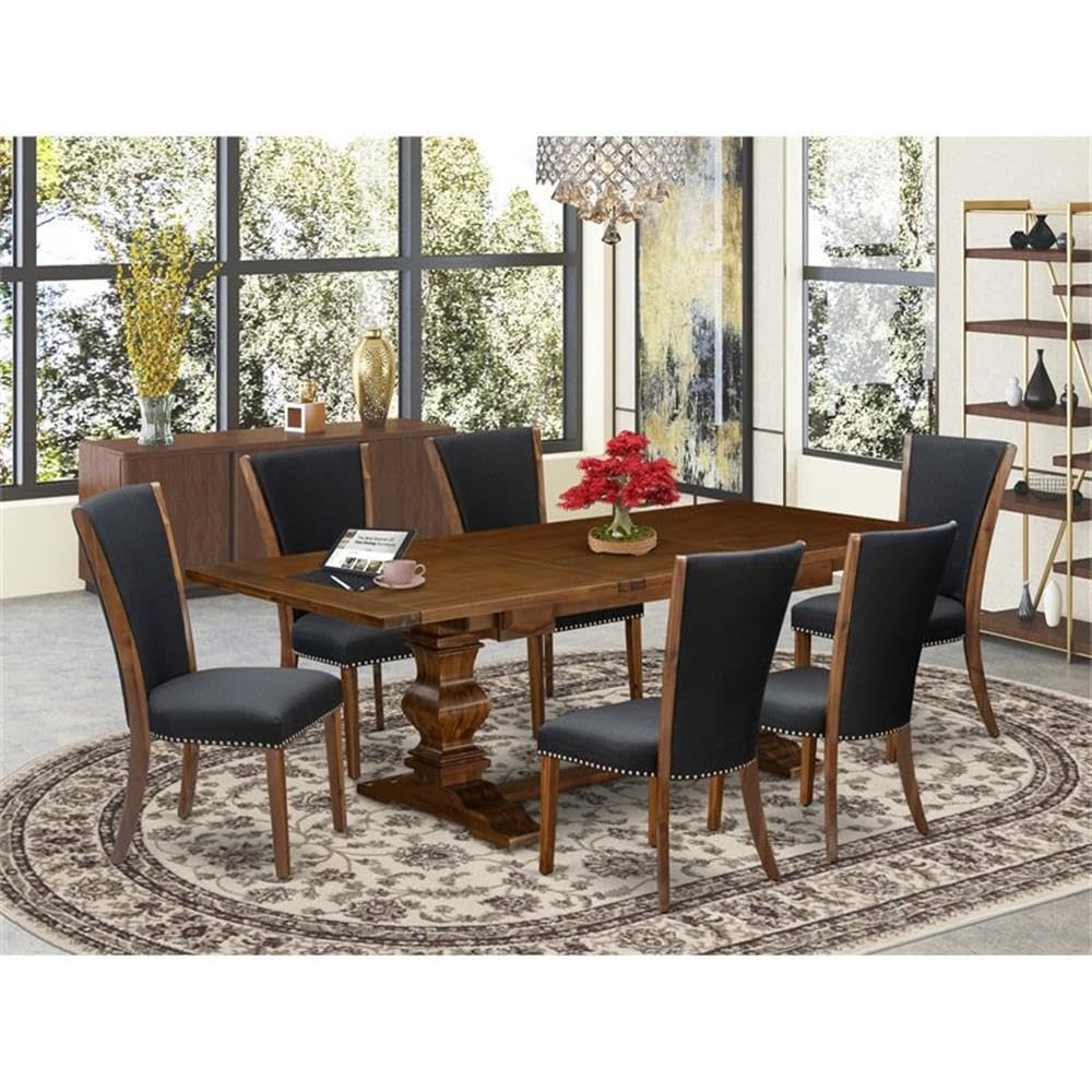 East West Furniture Lave7-88-24 7 Piece Dining Room Set Consist Of A Rectangle Wooden Table With Removable Leaf And 6 Black Color Linen Fabric Parson Dining Chairs, 42X92 Inch, Walnut